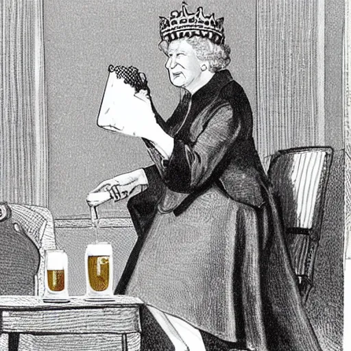 Image similar to Queen Elizabeth drinking beer from a shoe