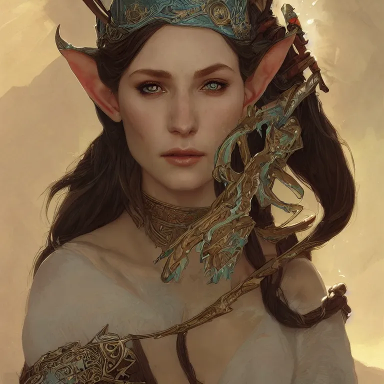 Prompt: portrait of an elf queen, D&D, fantasy, highly detailed, digital painting, artstation, concept art, smooth, sharp focus, illustration, art by greg rutkowski and alphonse mucha and Marta Dahlig