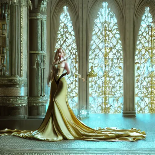 Image similar to an incredibly beautiful and elegant woman covered in intricate gold leaf detail in a gothic hotel room with soft indirect lighting, an ultrafine detailed illustration by victoria frances, final fantasy, cinematic colors, behance contest winner, unreal engine 5 highly rendered, global illumination, radiant light, detailed and intricate environment