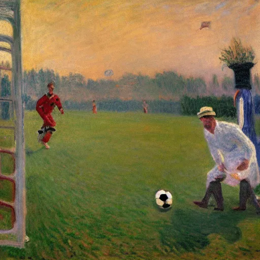 Image similar to monet painting of a man playing warzone on a computer, a soccer ball falls on his head, highly detailed, realistic,