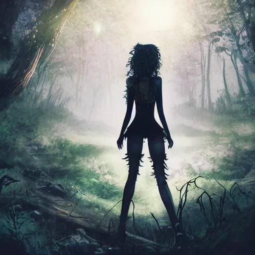Image similar to goth woman in a moonlight view, in a forest, a river, tankoban, 4 k, tone mapping, akihiko yoshida, james jean andrei riabovitchev marc simonetti, yoshitaka amano, long hair, curly, h. hydrochaeri