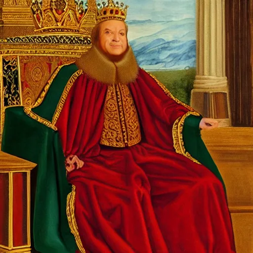 Image similar to A painting of Benjamin Netanyahu sitting in a golden chair wearing a red furred cape and a crown holding a royal ornate rod by Jan Van Eyck