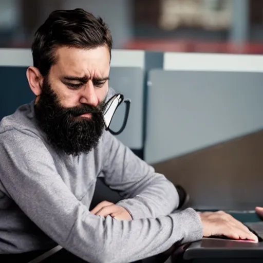 Image similar to a picture of a bearded developer who is trying to work with rxjs but has no idea what he is doing. he looks seriously frustrated. this all takes place in an office which is inside the amsterdam olympic stadium