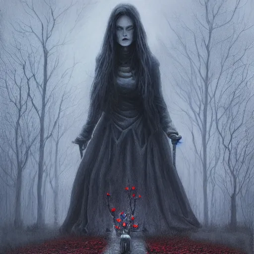 Prompt: a painting of a woman standing in a graveyard, an ultrafine detailed painting by seb mckinnon, featured on cgsociety, gothic art, darksynth, dark and mysterious, ominous vibe, red leaves on the ground