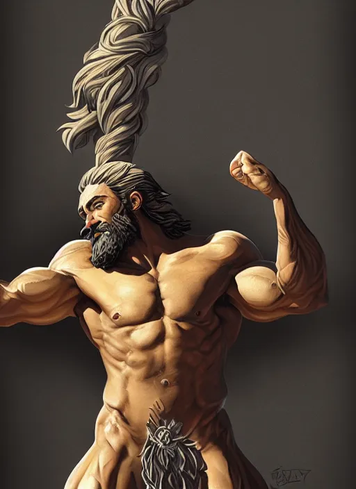 Prompt: a highly detailed illustration of Ernest Khalimov as shirtless bearded god, heroically flexing greek god statue pose, muscular, intricate, elegant, highly detailed, centered, digital painting, artstation, concept art, smooth, sharp focus, league of legends concept art, WLOP