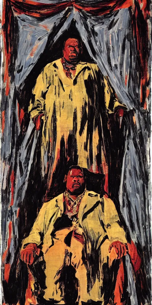 Image similar to style of frank miller, portrait of big black man sitting on throne, background made of big curtains