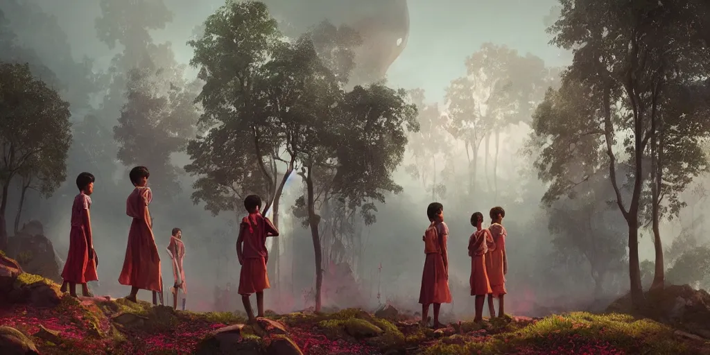 Image similar to kerala school boys wearing girls dresses posing for a photo, an epic fantasy, dramatic lighting, cinematic, establishing shot, extremely high detail, photorealistic, cinematic lighting, artstation, matte painting by simon stalenhag, shadow of the tomb rider