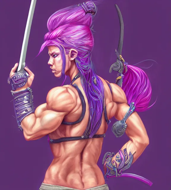 Prompt: muscular female warrior holding katana hilt, perfect face, diadem, detailed neon tattoos, halter top, purple flowing hair, abs, cinematic, blush, stunning, athletic, strong, agile, highly detailed, psychedelic, digital painting, artstation, smooth, hard focus, rim lighting, back lighting, illustration, art by jessica rossier and and brian froud