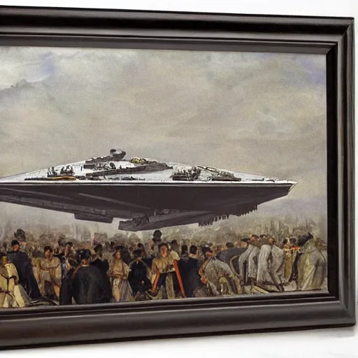 Prompt: empire stardestroyer over paris by eugene delacroix