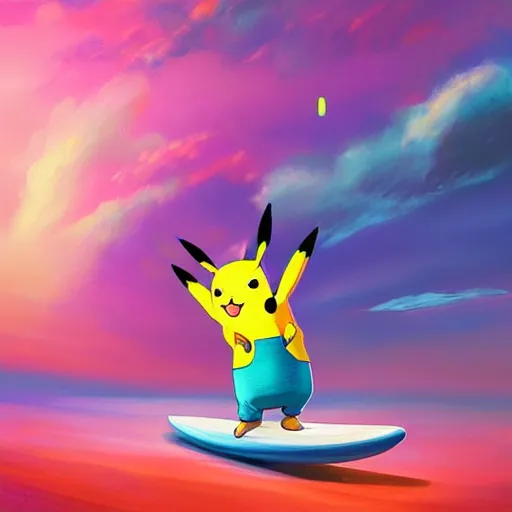 Prompt: pikachu riding a wave on a surfboard in space, surreal photography, sunrise dramatic light, impressionist painting, colorful clouds, large sky, digital painting, artstation, simon stalenhag, flower face