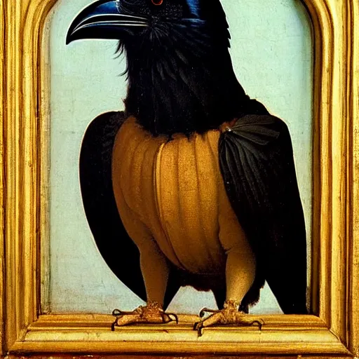 Image similar to a highly detailed renaissance oil painting of a raven dressed in elegant tudor clothes by hans holbein