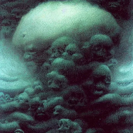 Prompt: a dark storm cloud made out of hundreds of ghostly faces. painted by beksinski and larry elmore.