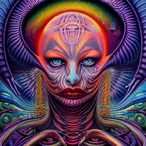 Image similar to Schwellenerfahrung in der Auflösung durch LSD, a intricate psychedelic painting, hyperdimensional, alex grey, HR Giger, peter mohrbacher