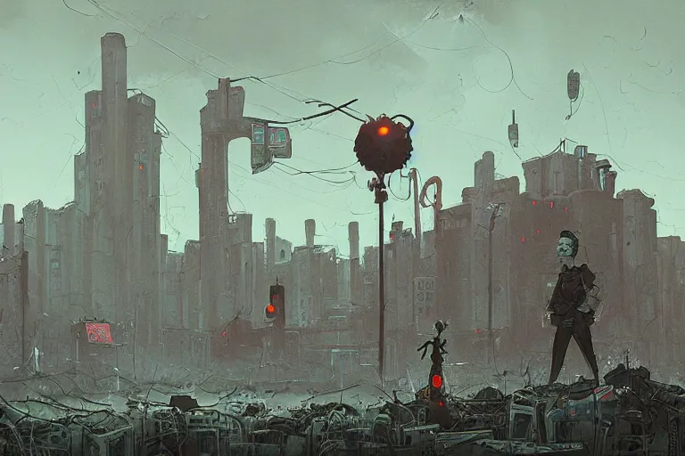 Image similar to a creepy cultist standing in a dystopian city by simon stalenhag,