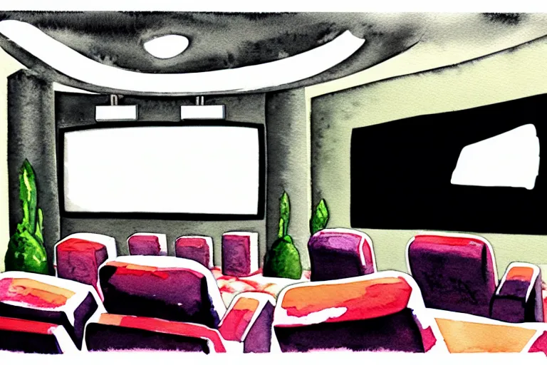 Image similar to very wide angle view, a modern home movie theater with big screen!!, stylish wall sconces lights, detailed art deco decoration!!, plants, popcorn machine, rough watercolor painting, trending on artstation