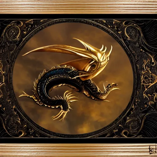 Prompt: emblem of black dragon on a gold metallic dragon emblem, by artgerm, tom bagshaw, gerald brom, moody vibe, goth vibe, gold, 4 k, hd,