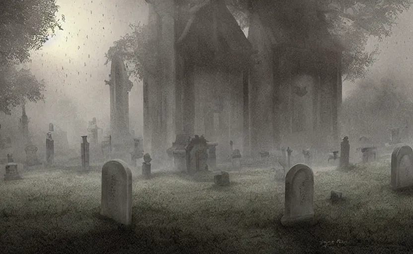 Image similar to a ghost walking though an old cemetary. haunted. night, rain, mist. hyper detailed. poster by daniel danger