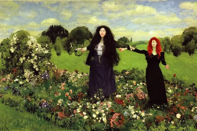 Image similar to hagrid and morticia addams frolicking in a field of various flowers, fairy garden, masterpiece, highly detailed, oil on canvas, art by walter sickert, john singer sargent, and william open