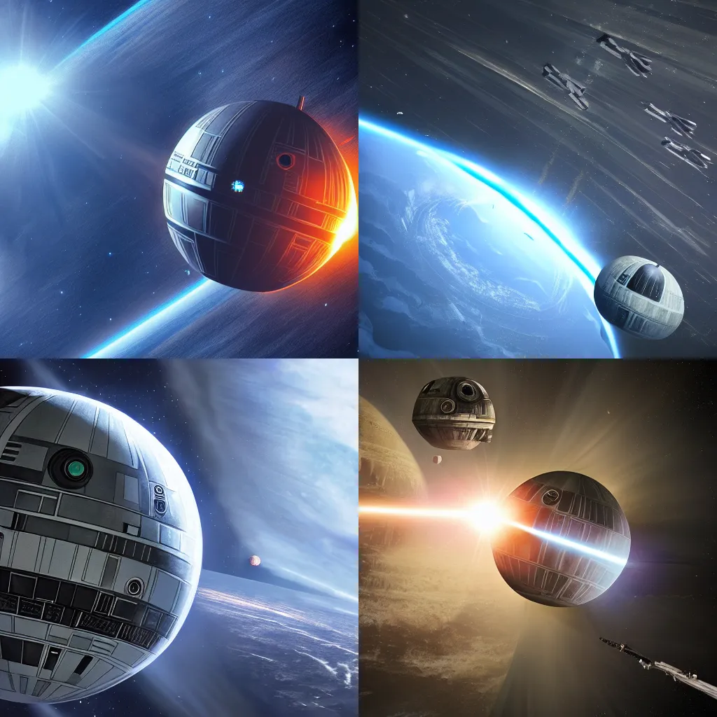 Prompt: star wars death star above earth in space, concept art, trending on ArtStation, 8k