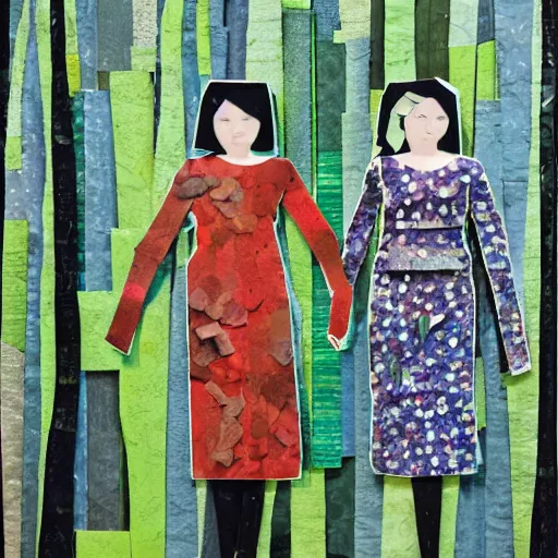 Image similar to paper collage art made of cut up magazines depicting two women holding hands in a forest