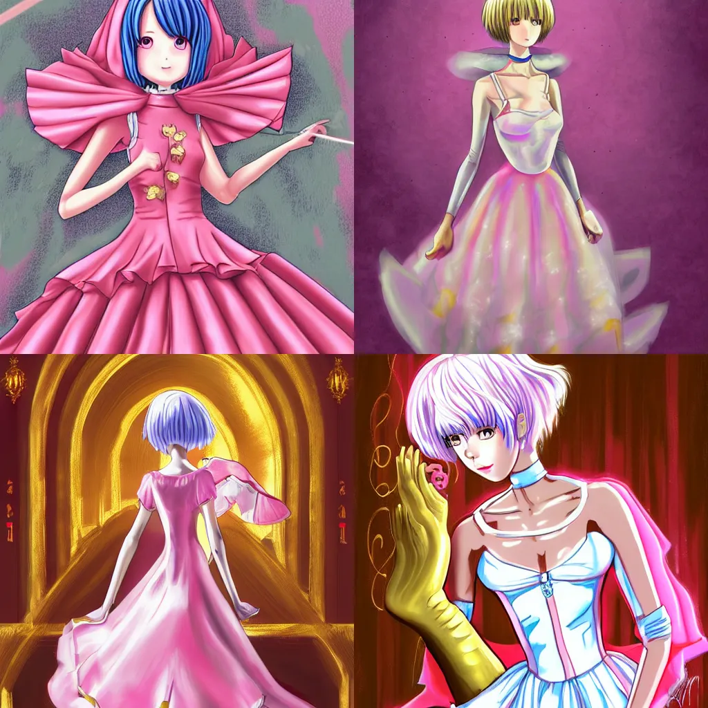 Prompt: Rei Ayanami, wearing a pink ballroom gown, background of a golden ballroom, full body shot, highly detailed, smooth, digital painting, promotional art, trending on deviantart