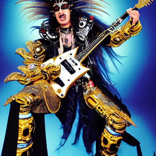 Prompt: uhd photorealistic detailed image of max voltage, the rock and roll emperor, dressed as a hair metal emperor, powering up, wearing extremely intricate rock and roll emperor costume and emperor makeup, with an emperor's electric guitar, by ayami kojima, amano, and karol bak