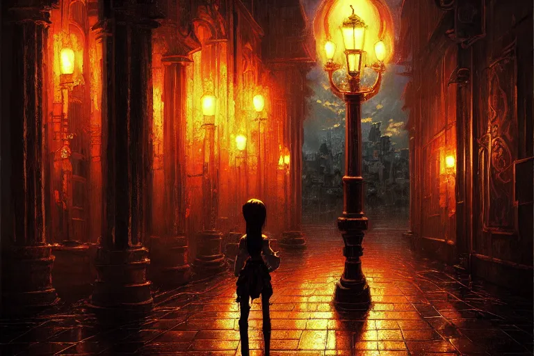 Prompt: baroque oil painting of anime key visual concept art of an ornate detailed oil lamppost at night, rusty black metal, flickering flame, reflective mapping, trending on artstation, palette knife and brush strokes, oil on canvas, style of makoto shinkai greg rutkowski studio ghibli genshin impact