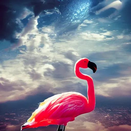 Prompt: a goddess wearing a flamingo fashion up there, on fire, photoshop, colossal, creative and cool, giant, digital art, city, photo manipulation, clouds