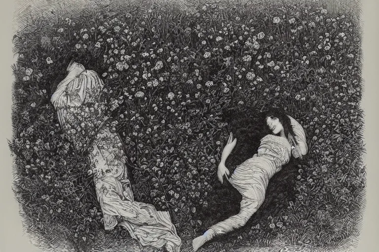 Prompt: black and white, young french woman sleeping in the flower field, top view, Gustave Dore lithography