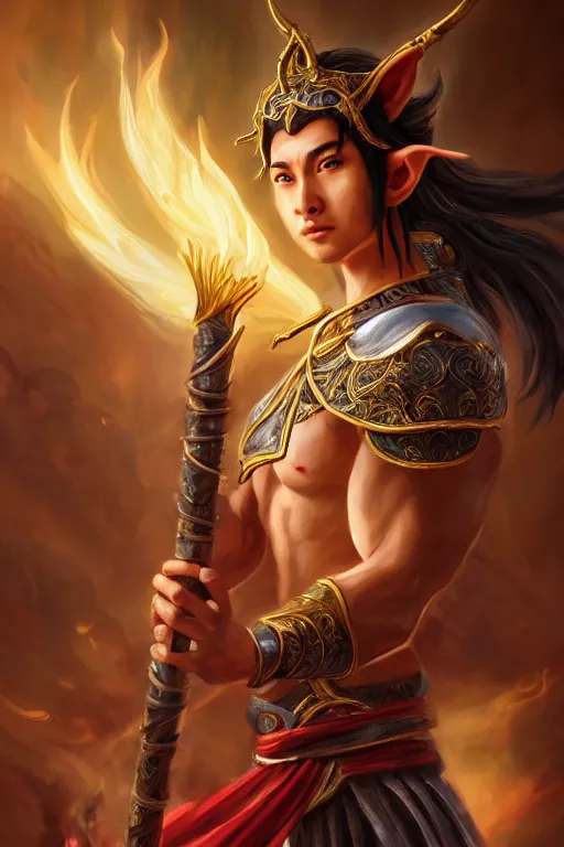 Image similar to a masterpiece portrait of nezha, young elf prince holding spear, flame everywhere, epic pose, fantasy character portrait, closeup shot, hyper detailed, digital painting, 8 k realistic, trending on artstation, sharp focus, dof, by fenghua zhong, artgerm, ne zha from smite, jeff easley, raymond swanland