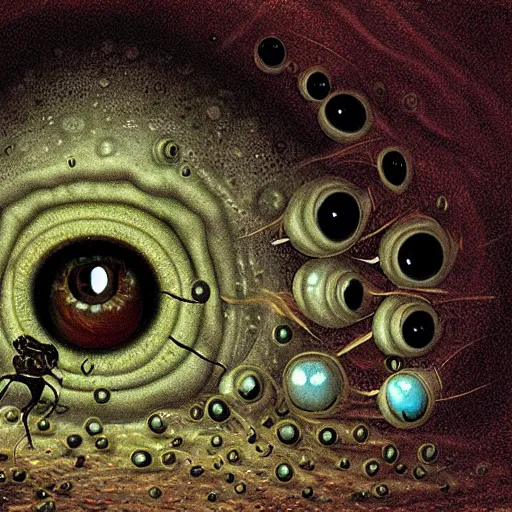 Image similar to digital painting of a lovecraftian, unknowable monster giant eyeball composed of hundreds of smaller eyeballs with teeth in the pupil, evoking existential dread, deviantart cosmic horror, dark surreal atmospheric, raulo caceres, tim white