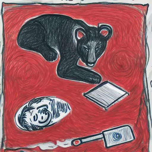 Prompt: drawing of a cubs sleeping in wet black oil, red ballpoint pen, outsider art style