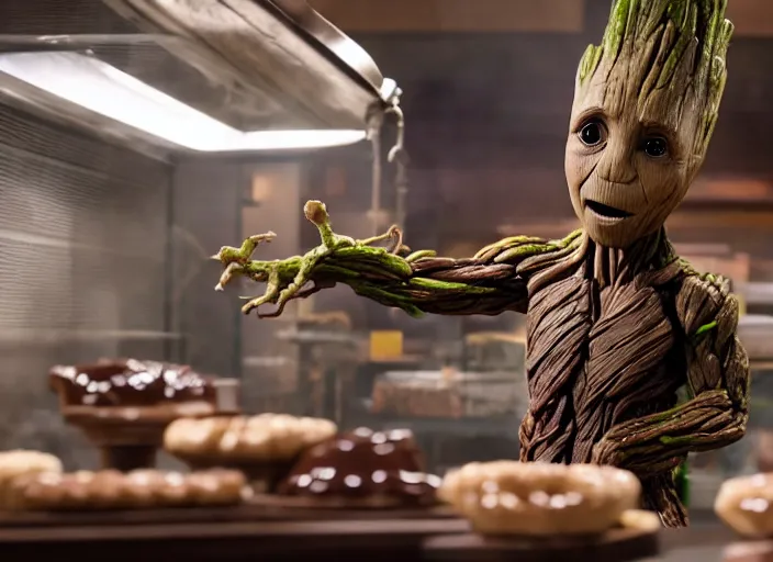 Image similar to film still of Groot working as a chocolatier in the new Avengers movie, 4k