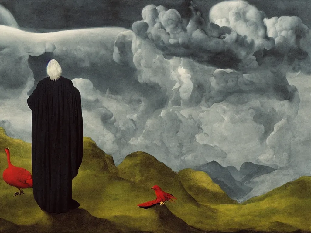 Image similar to albino mystic, with his back turned, looking at a storm over over the mountains in the distance, with the evolution of life, exotic bird, reptile, mammal. Painting by Jan van Eyck, Audubon, Rene Magritte, Agnes Pelton, Max Ernst, Walton Ford