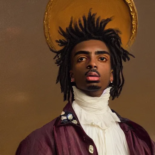 Prompt: a Dutch Golden Age portrait painting of Playboi Carti, shallow depth of field, close up, split lighting, cinematic