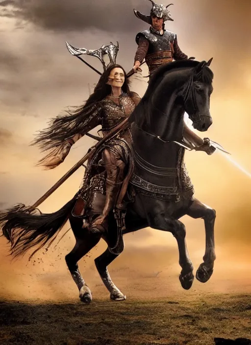 Image similar to monica bellucci riding a giant stallion, dressed in fantasy garb like in Dino De Laurentis Conan movie, with lighting shooting out of the blade destroying hoards of vikings, realistic, 4k