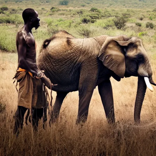 Prompt: film still, extreme wide shot of an tribal african man rinding an elephant alone on the savannah, extreme long shot, 4 k, award winning