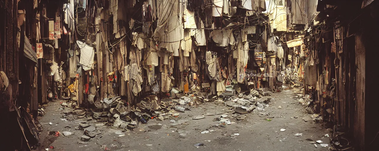 Prompt: dynamic pov 28mm lens view, running through a crowded narrow alley in kowloon walled city, dirty, fluorescent lights, evening, tungstem color balance, cinestill, street photography