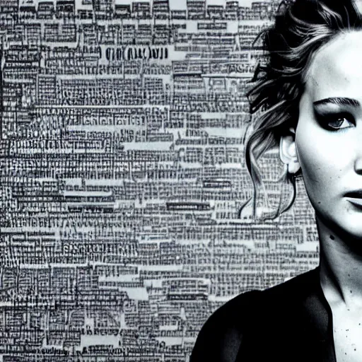 Image similar to 3 5 mm beautiful b & w front shot of jennifer lawrence, behind her on a chalkboard detailed drawings of data etl strategy, highly detailed, trending on artstation, 1 9 2 0 x 1 0 8 0