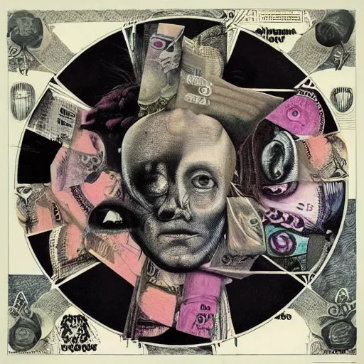 Image similar to post - punk new age album cover, asymmetrical design, dollar bank notes, capitalism, magic, apocalypse, psychedelic, black white pink, magic, giger h. r., giuseppe arcimboldo