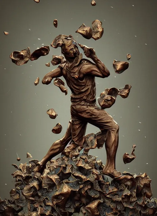 Prompt: An epic fantastic realism comic book style painting of a distressed bronze sculpture from the future by Stanislaw Szukalski, beautiful flowers raining down, fisheye lens, unreal 5, DAZ, hyperrealistic, octane render, dynamic lighting