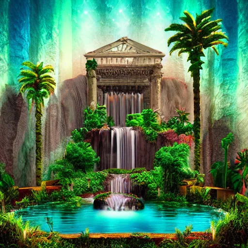 Prompt: a old Marble palace with plants and waterfalls,retrowave art,digital art