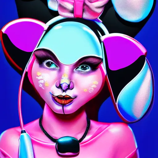 Prompt: Futuristic portrait of cyber Minnie Mouse, pastel colours, highly detailed face, digital art by Antoni Tudisco