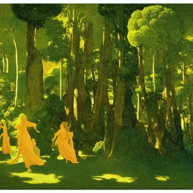 Prompt: spirits in procession in a green forest ( maxfield parrish )