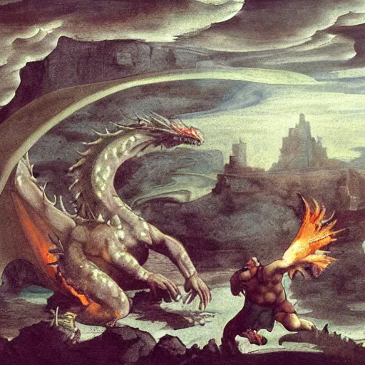 Image similar to Dragon spits fire on a man, burning village in background, plumes of smoke in background, at night, Michelangelo painting, highly-detailed