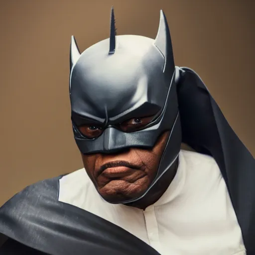 Image similar to Bola Tinubu as Batman, Bat suit with no cowl, no mask, portrait, hyper-realistic, sharp focus, highly detailed, depth of field, octane render