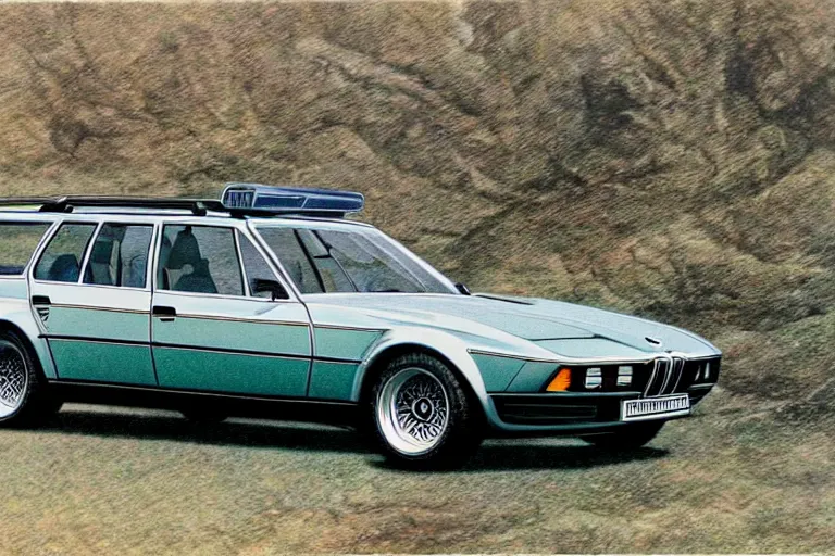Image similar to intricate, 3 d, 1 9 7 4 bmw m 1 estate wagon, style by caspar david friedrich and wayne barlowe and ted nasmith.
