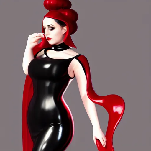 Image similar to curvy feminine hot goth cutie in a sublime elegant polished black latex neck-high gown with red trim and latex leggings, thin waist, cgsociety, photorealistic, comfy ambience, idealistic, 16k, smooth, sharp focus, trending on ArtStation, volumetric lighting, fully clothed, worksafe