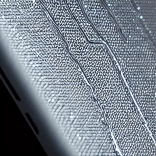 Image similar to promotional photograph for a futuristic iphone made in 2 0 4 0, beautiful photograph, studio lighting, advertisement, 4 k quality, 8 k quality, futuristic!!!! reflective material, intricate texture!!! glowing apple logo