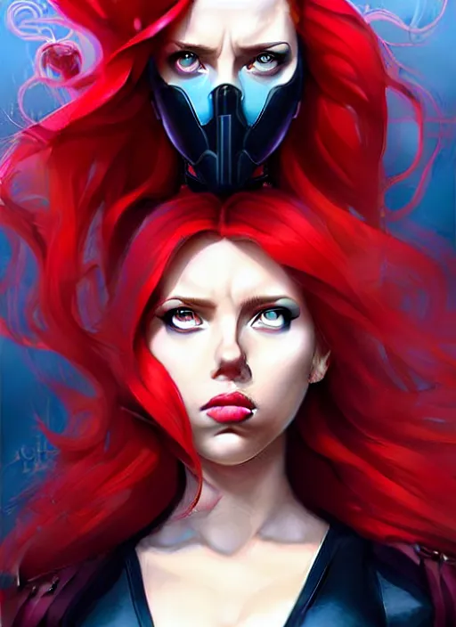 Prompt: peter mohrbacher, phil noto, artgerm, pretty scarlett johansson black widow, symmetrical eyes, long red hair, city rooftop